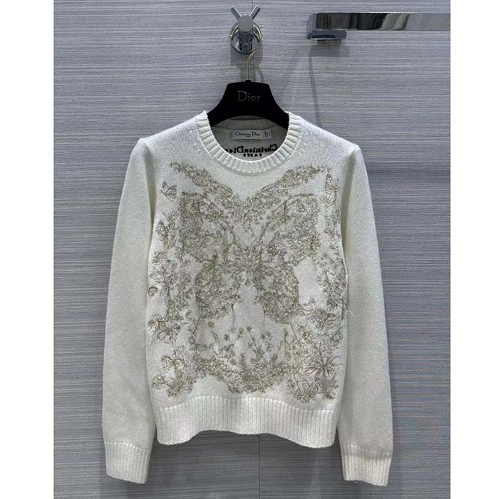Dior Men CD Embroidered Sweater Gold-Tone White Cashmere Knit Butterfly Around the World Motif