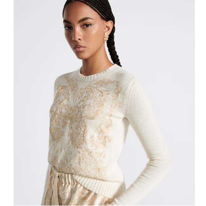 Dior Women CD Embroidered Sweater Gold-Tone White Cashmere Knit Butterfly Around the World Motif
