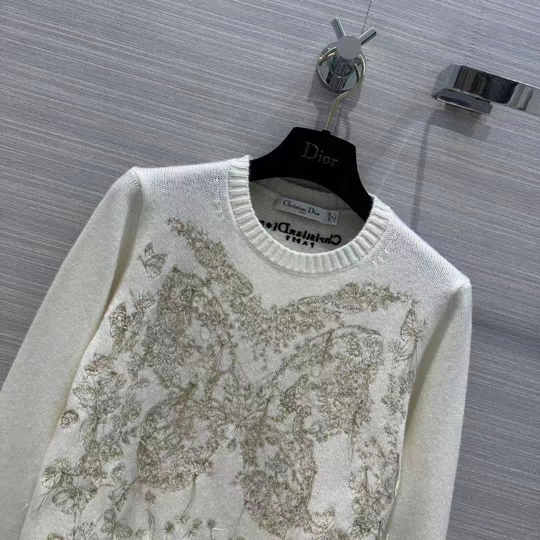Dior Men CD Embroidered Sweater Gold-Tone White Cashmere Knit Butterfly Around the World Motif