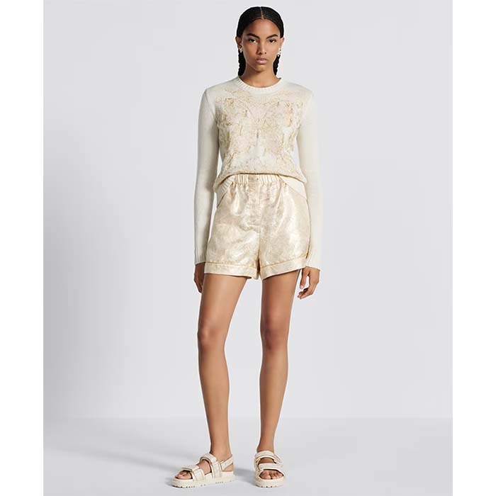 Dior Women CD Embroidered Sweater Gold-Tone White Cashmere Knit Butterfly Around the World Motif