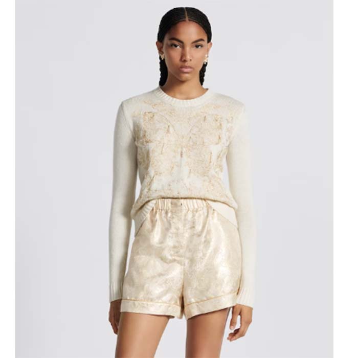 Dior Women CD Embroidered Sweater Gold-Tone White Cashmere Knit Butterfly Around the World Motif