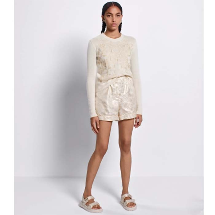 Dior Women CD Embroidered Sweater Gold-Tone White Cashmere Knit Butterfly Around the World Motif