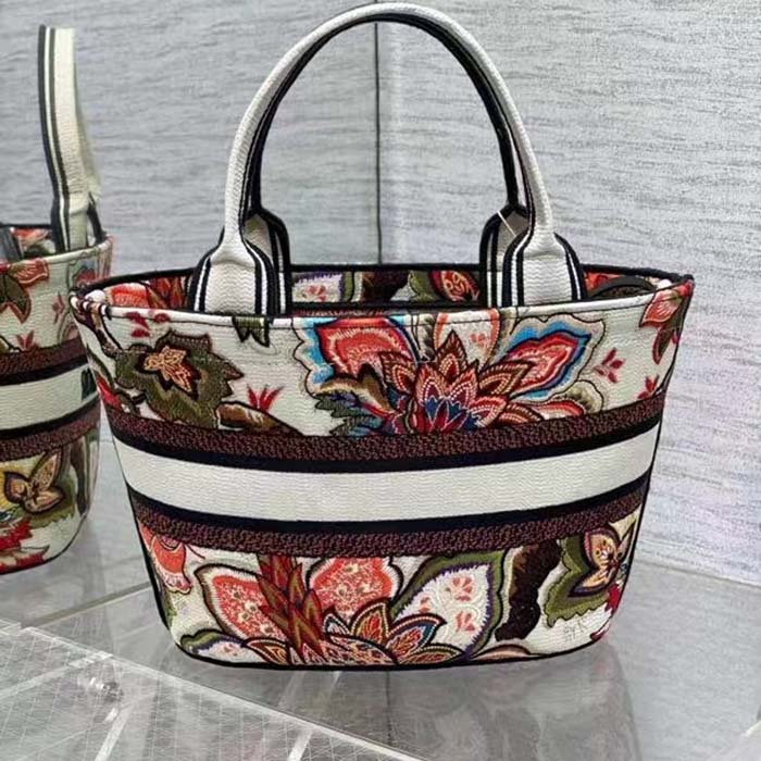 Dior Women CD Hat Basket Bag Natural Multicolor Albero Della Vita Embroidery