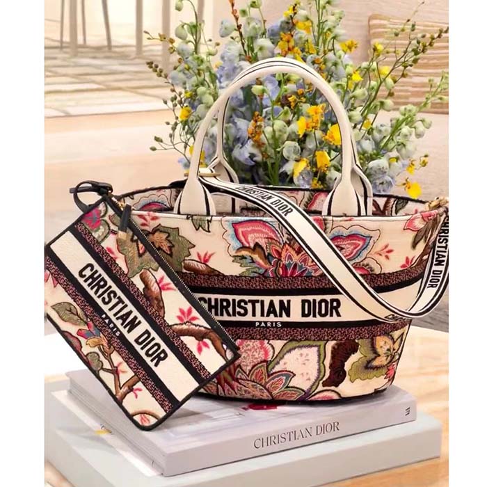 Dior Women CD Hat Basket Bag Natural Multicolor Albero Della Vita Embroidery