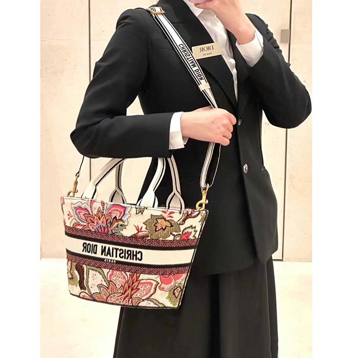 Dior Women CD Hat Basket Bag Natural Multicolor Albero Della Vita Embroidery