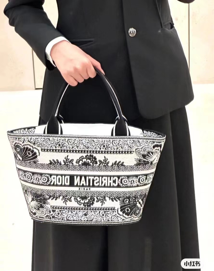 Dior Women CD Hat Basket Bag White Black Butterfly Bandana Embroidery