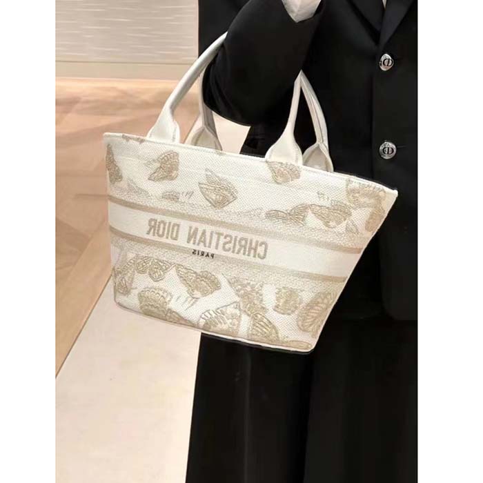 Dior Women CD Hat Basket Bag White Gold-One Gradient Butterflies Embroidery