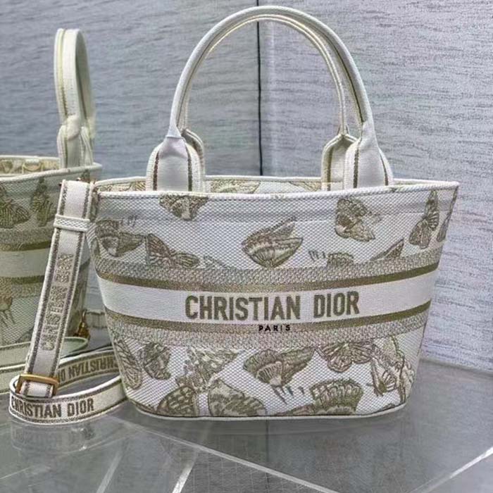 Dior Women CD Hat Basket Bag White Gold-One Gradient Butterflies Embroidery