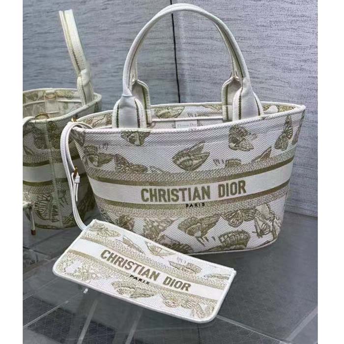 Dior Women CD Hat Basket Bag White Gold-One Gradient Butterflies Embroidery