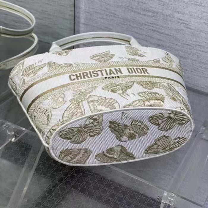 Dior Women CD Hat Basket Bag White Gold-One Gradient Butterflies Embroidery