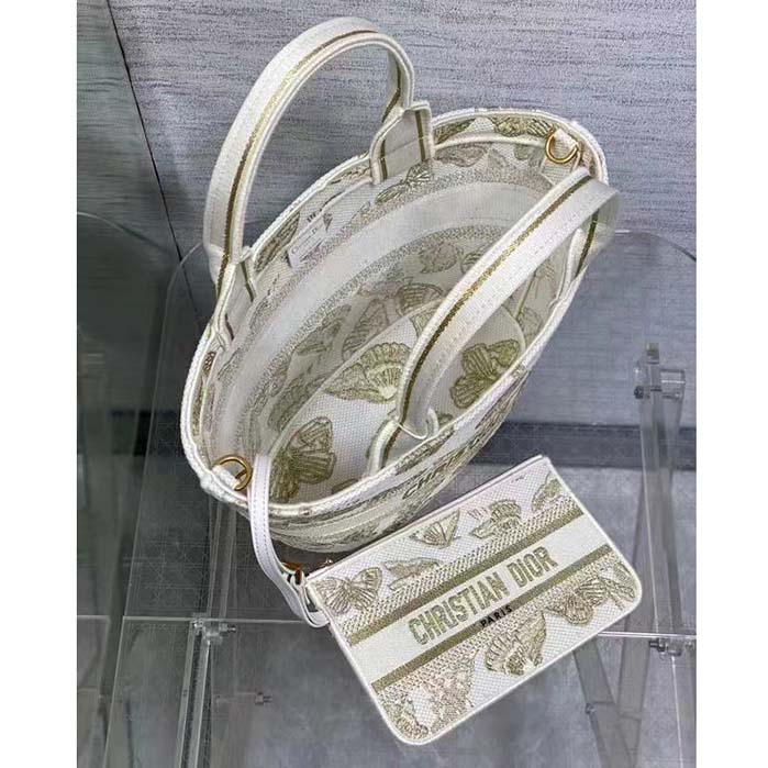 Dior Women CD Hat Basket Bag White Gold-One Gradient Butterflies Embroidery