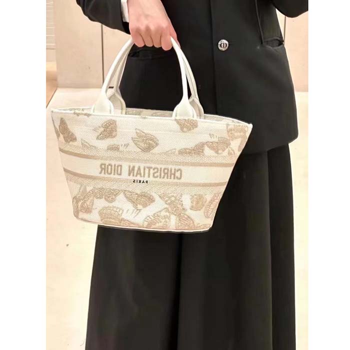 Dior Women CD Hat Basket Bag White Gold-One Gradient Butterflies Embroidery