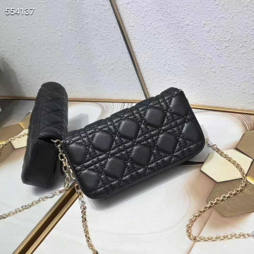 Dior Women CD Lady Dior Phone Pouch Black Cannage Lambskin Removable Chain Strap