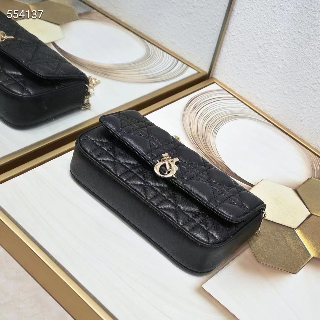 Dior Women CD Lady Dior Phone Pouch Black Cannage Lambskin Removable Chain Strap
