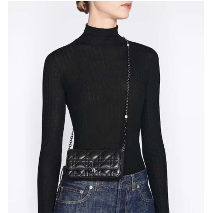 Dior Women CD Lady Dior Phone Pouch Black Cannage Lambskin Removable Chain Strap