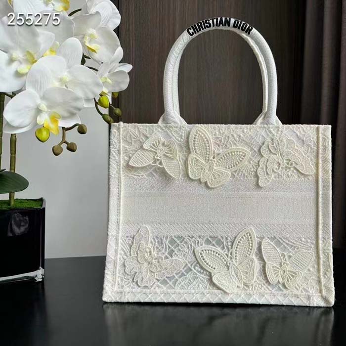 Dior Women CD Medium Book Tote White D-Lace Butterfly Embroidery