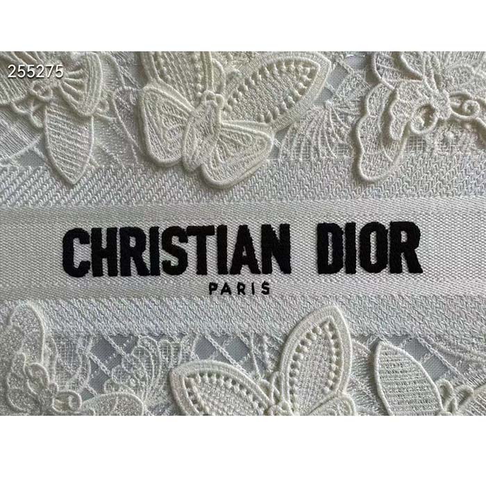 Dior Women CD Medium Book Tote White D-Lace Butterfly Embroidery