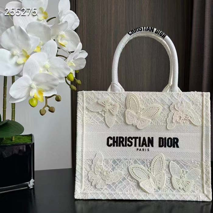 Dior Women CD Medium Book Tote White D-Lace Butterfly Embroidery