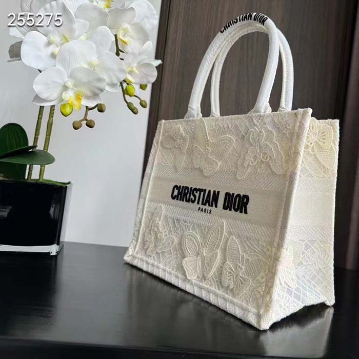 Dior Women CD Medium Book Tote White D-Lace Butterfly Embroidery
