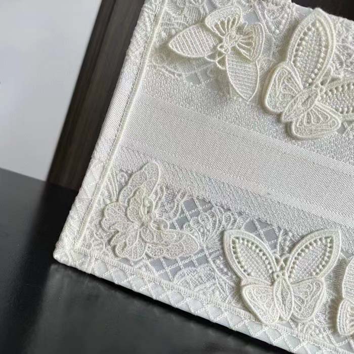 Dior Women CD Medium Book Tote White D-Lace Butterfly Embroidery