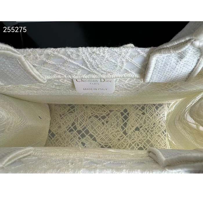 Dior Women CD Medium Book Tote White D-Lace Butterfly Embroidery
