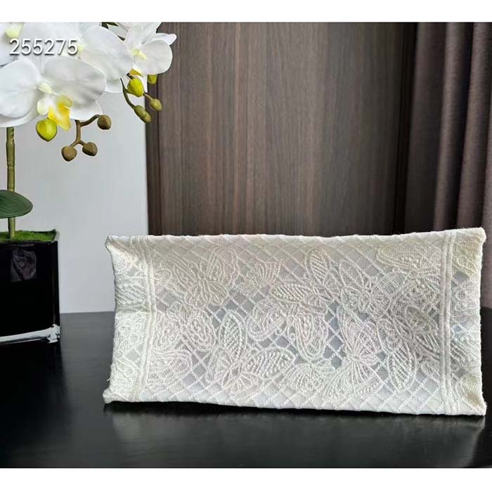 Dior Women CD Medium Book Tote White D-Lace Butterfly Embroidery