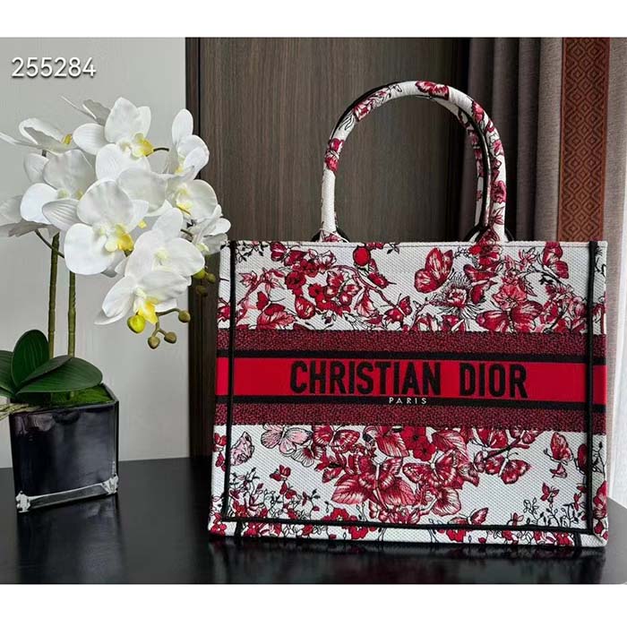 Dior Women CD Medium Book Tote White Red Le Cœur Des Papillons Embroidery