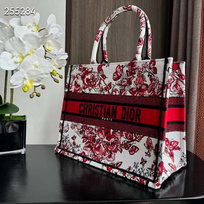 Dior Women CD Medium Book Tote White Red Le Cœur Des Papillons Embroidery