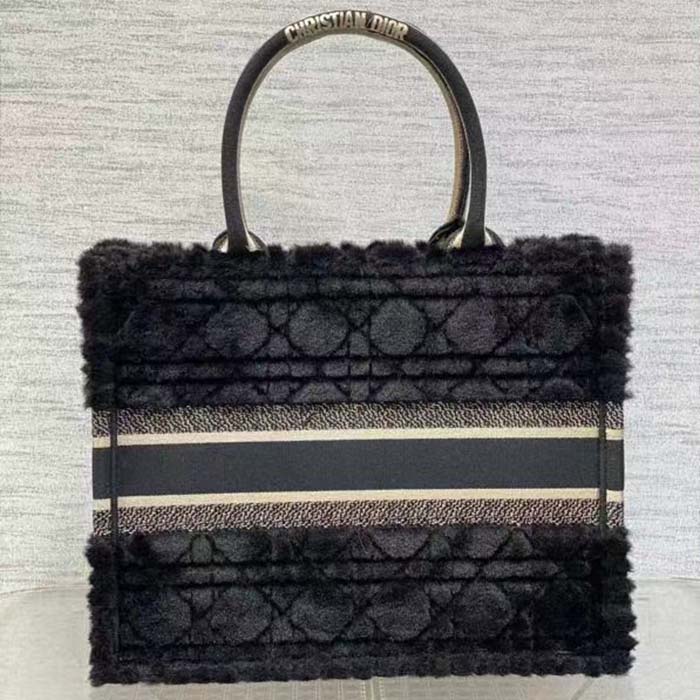Dior Women CD Medium Dior Book Tote Black Cannage Shearling