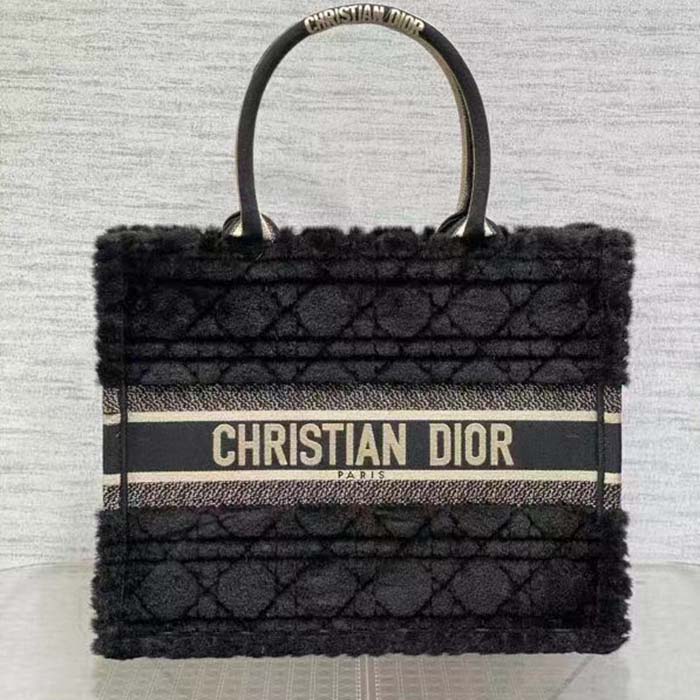 Dior Women CD Medium Dior Book Tote Black Cannage Shearling