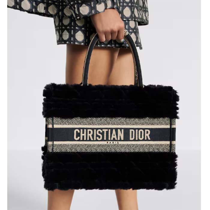 Dior Women CD Medium Dior Book Tote Black Cannage Shearling