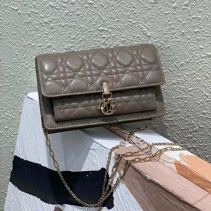 Dior Women CD Miss Dior Chain Pouch Sand-Colored Cannage Lambskin