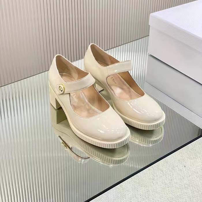Dior Women CD Shoes D-Doll Pump White Shiny Calfskin 5.5 CM Heel