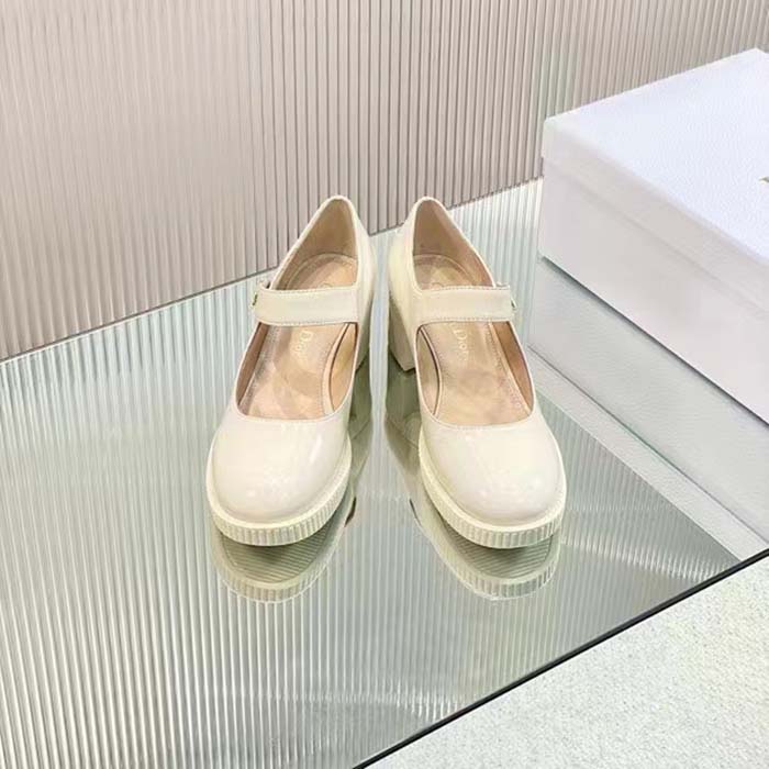 Dior Women CD Shoes D-Doll Pump White Shiny Calfskin 5.5 CM Heel
