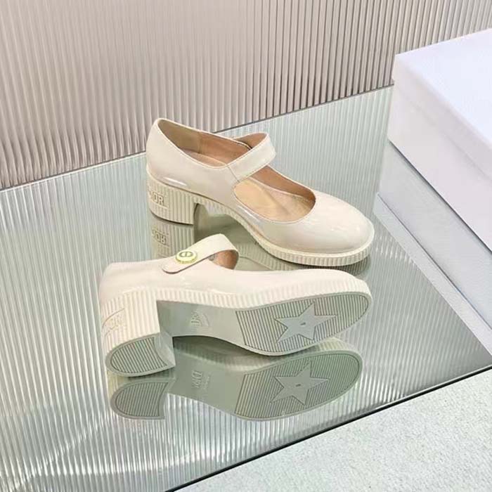 Dior Women CD Shoes D-Doll Pump White Shiny Calfskin 5.5 CM Heel