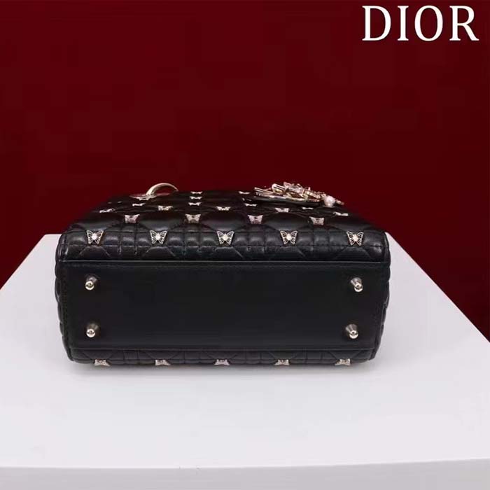 Dior Women CD Small Lady Dior Bag Black Cannage Lambskin Gold-Finish Butterfly Studs