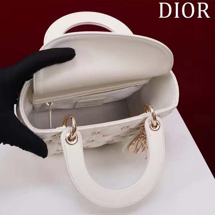 Dior Women CD Small Lady Dior Bag White Cannage Lambskin Gold-Finish Butterfly Studs