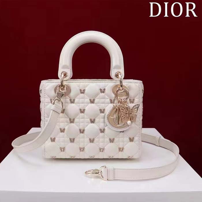 Dior Women CD Small Lady Dior Bag White Cannage Lambskin Gold-Finish Butterfly Studs