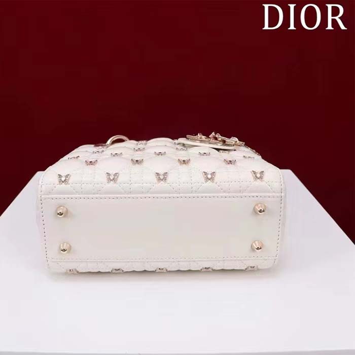 Dior Women CD Small Lady Dior Bag White Cannage Lambskin Gold-Finish Butterfly Studs