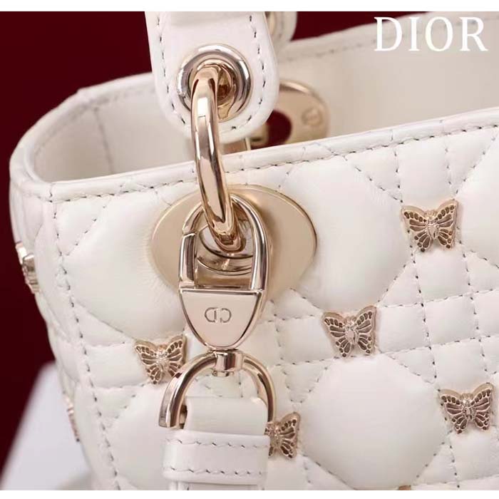 Dior Women CD Small Lady Dior Bag White Cannage Lambskin Gold-Finish Butterfly Studs
