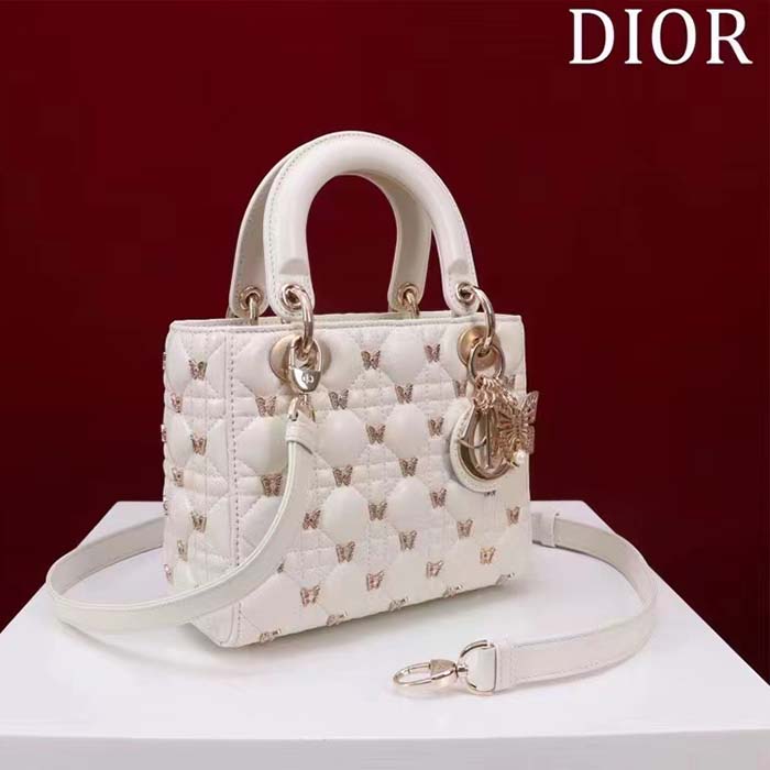 Dior Women CD Small Lady Dior Bag White Cannage Lambskin Gold-Finish Butterfly Studs