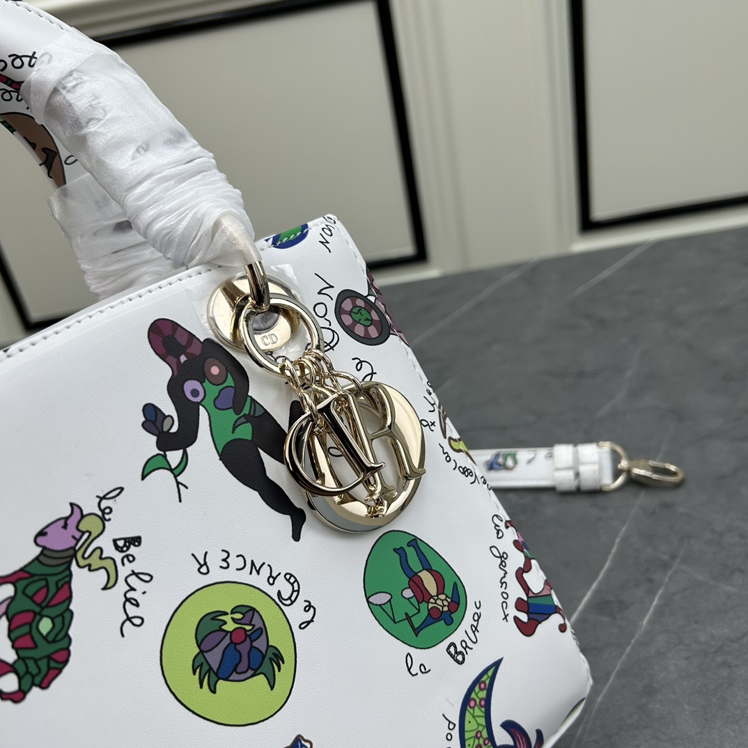 Dior Women CD Small Lady My ABCDIOR Bag White Multicolor Calfskin Dragon Zodiac Print