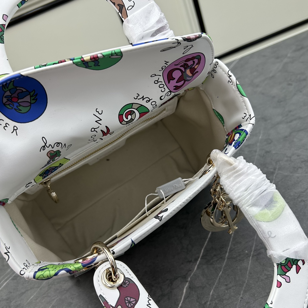 Dior Women CD Small Lady My ABCDIOR Bag White Multicolor Calfskin Dragon Zodiac Print