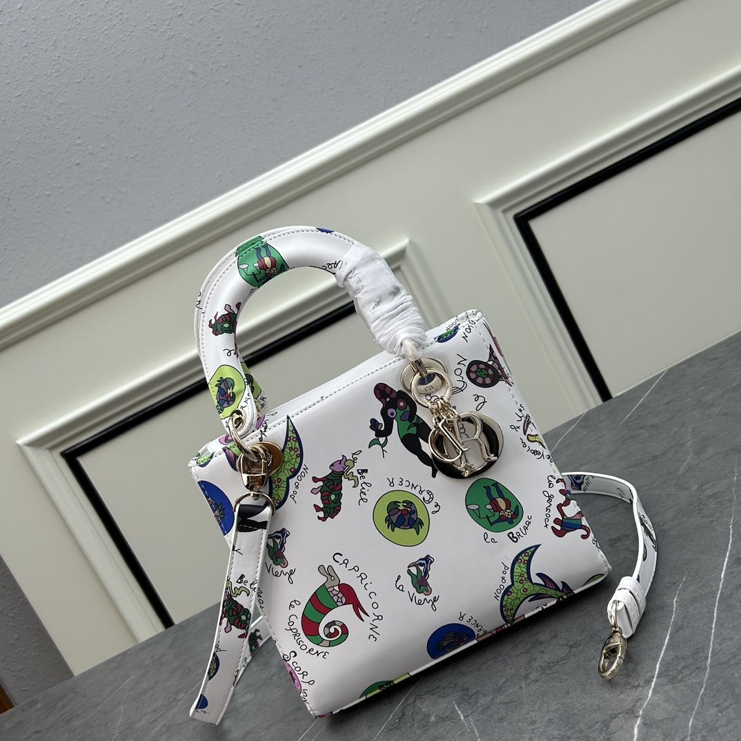 Dior Women CD Small Lady My ABCDIOR Bag White Multicolor Calfskin Dragon Zodiac Print