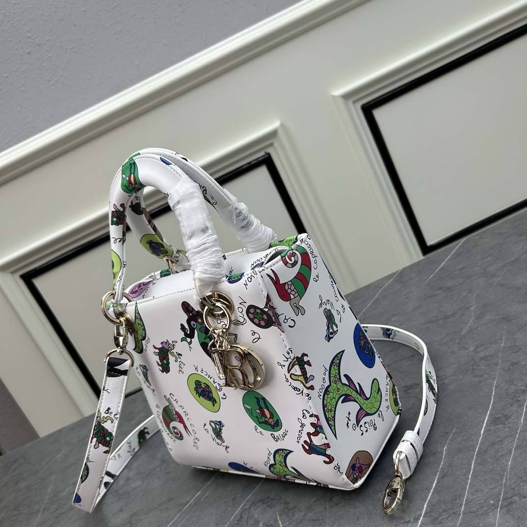 Dior Women CD Small Lady My ABCDIOR Bag White Multicolor Calfskin Dragon Zodiac Print