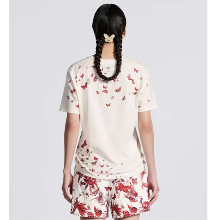 Dior Women CD T-Shirt White Cotton Jersey Red Le Cœur Des Papillons Motif