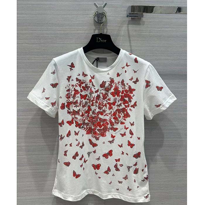 Dior Women CD T-Shirt White Cotton Jersey Red Le Cœur Des Papillons Motif
