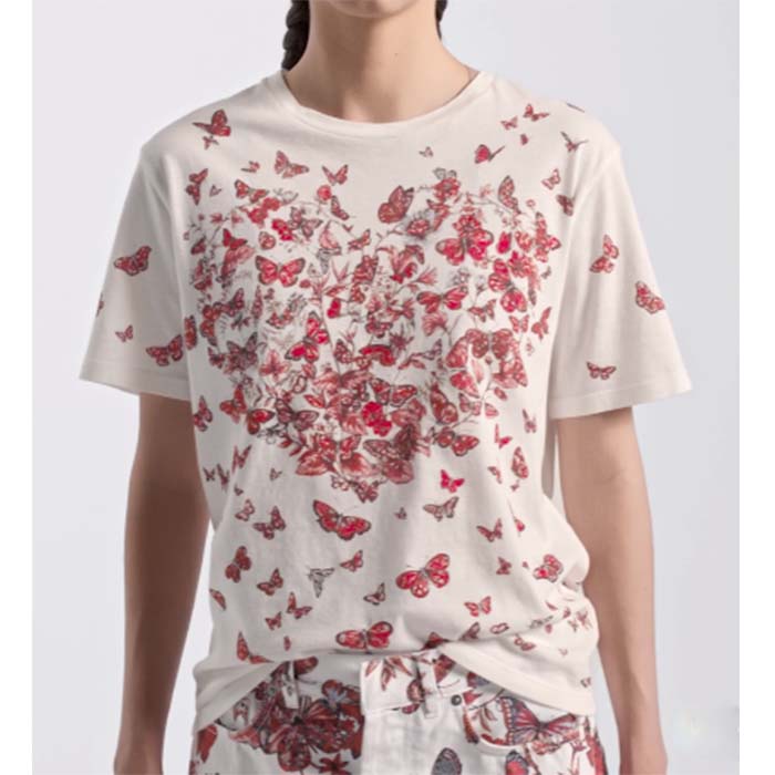 Dior Women CD T-Shirt White Cotton Jersey Red Le Cœur Des Papillons Motif