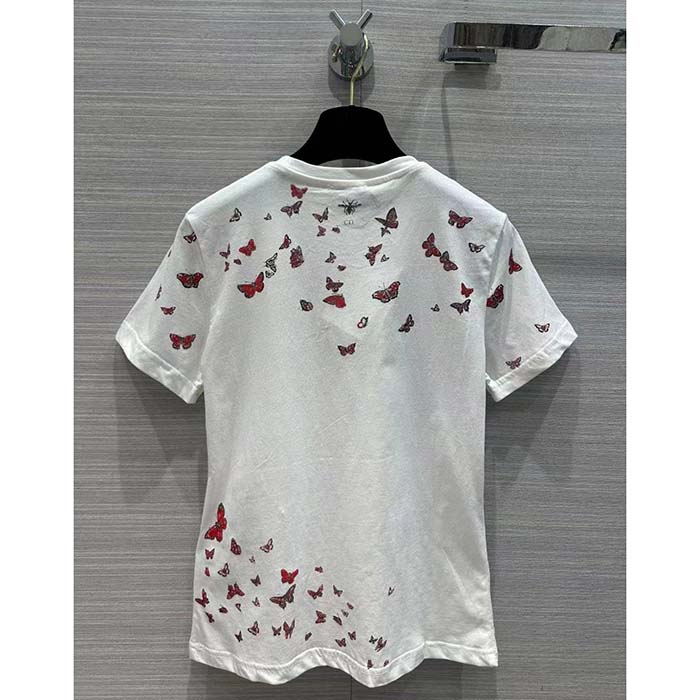 Dior Women CD T-Shirt White Cotton Jersey Red Le Cœur Des Papillons Motif