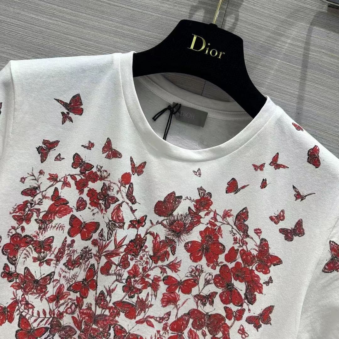Dior Women CD T-Shirt White Cotton Jersey Red Le Cœur Des Papillons Motif